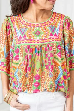 New Dear-Lover Geometric Print Bell Sleeve O Neck Babydoll Blouse Orange