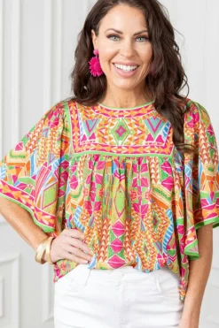 New Dear-Lover Geometric Print Bell Sleeve O Neck Babydoll Blouse Orange