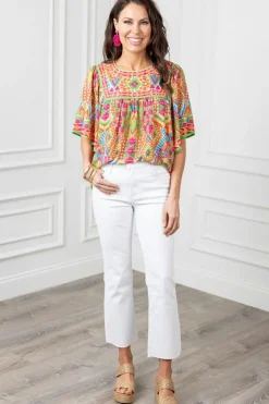 New Dear-Lover Geometric Print Bell Sleeve O Neck Babydoll Blouse Orange