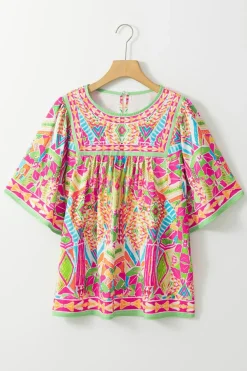 New Dear-Lover Geometric Print Bell Sleeve O Neck Babydoll Blouse Orange