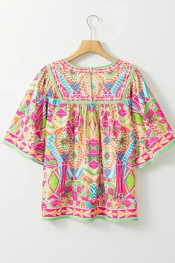 New Dear-Lover Geometric Print Bell Sleeve O Neck Babydoll Blouse Orange