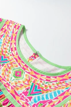 New Dear-Lover Geometric Print Bell Sleeve O Neck Babydoll Blouse Orange