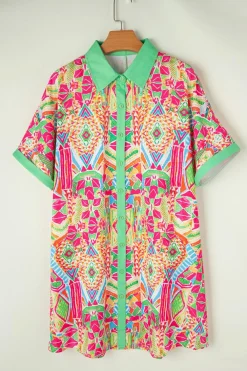 Sale Dear-Lover Geometric Print Contrast Short Sleeve Shirt Dress Orange