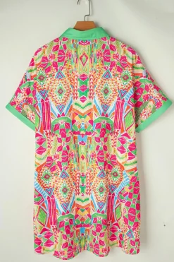 Sale Dear-Lover Geometric Print Contrast Short Sleeve Shirt Dress Orange