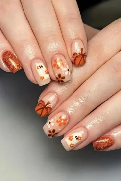Clearance Dear-Lover Halloween Ghost Flower Glitter Square False Nail Orange