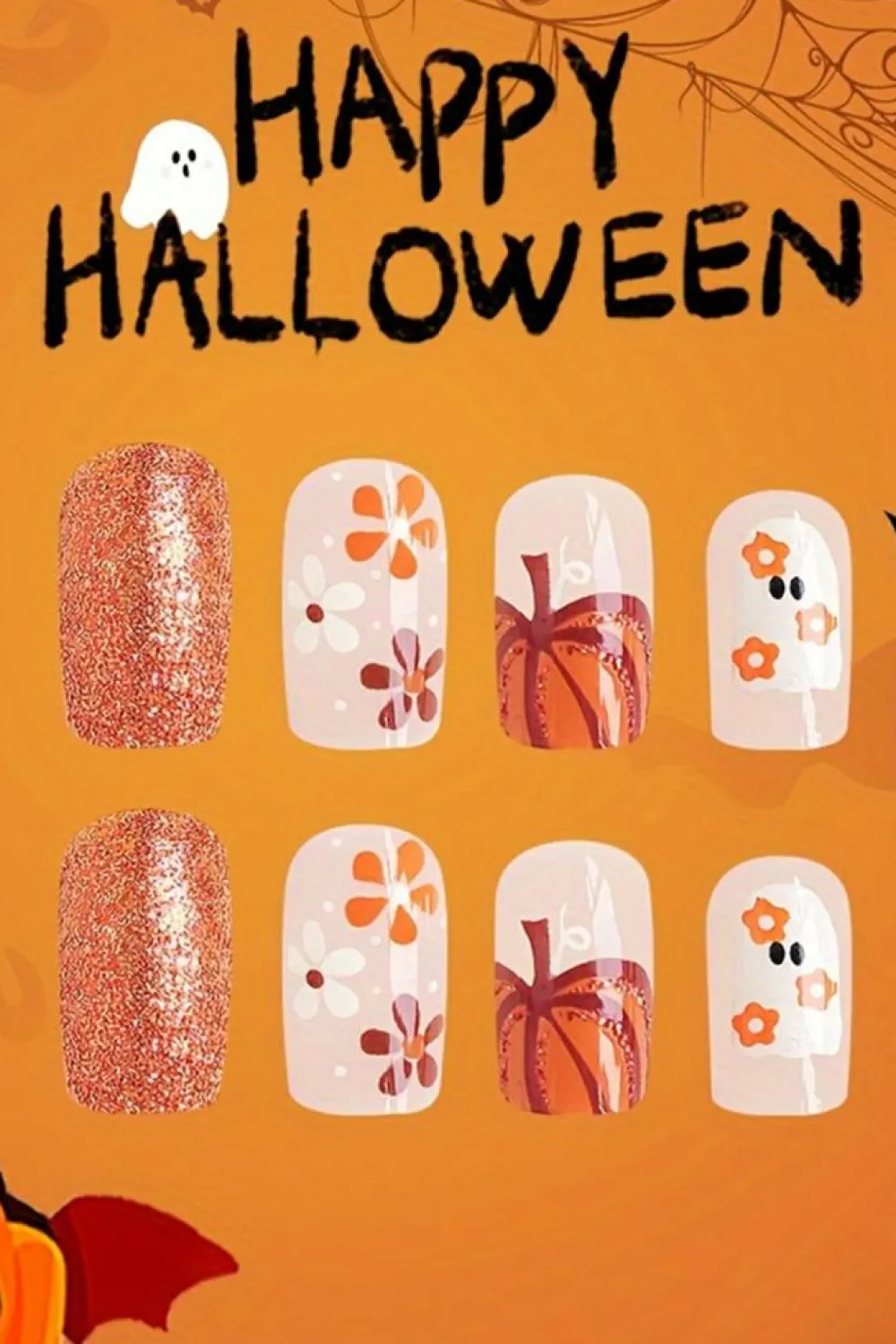Clearance Dear-Lover Halloween Ghost Flower Glitter Square False Nail Orange