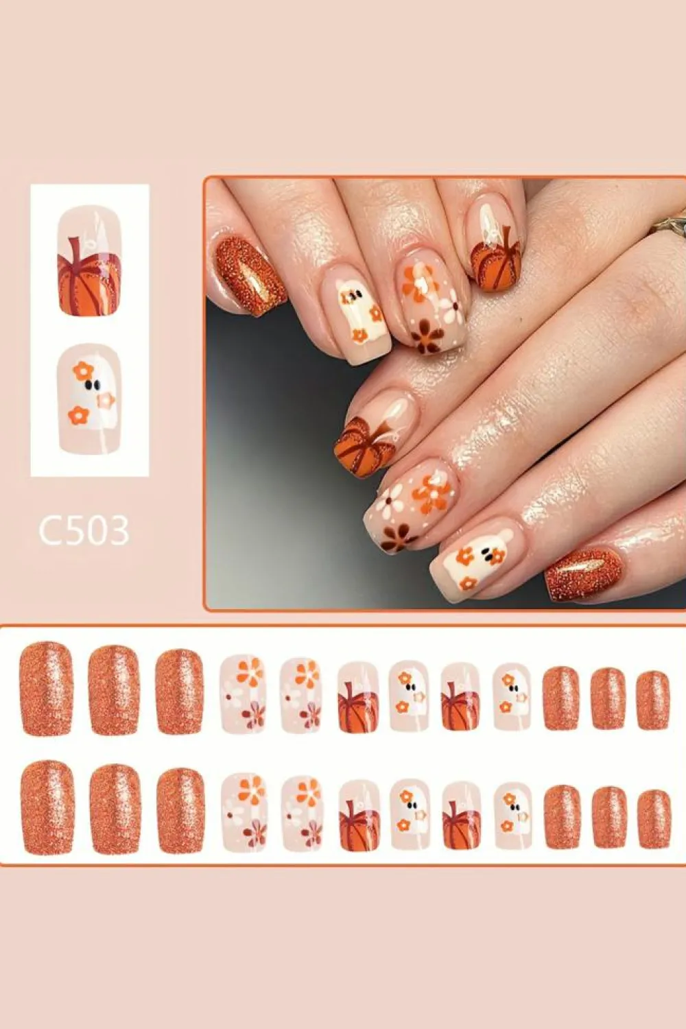 Clearance Dear-Lover Halloween Ghost Flower Glitter Square False Nail Orange