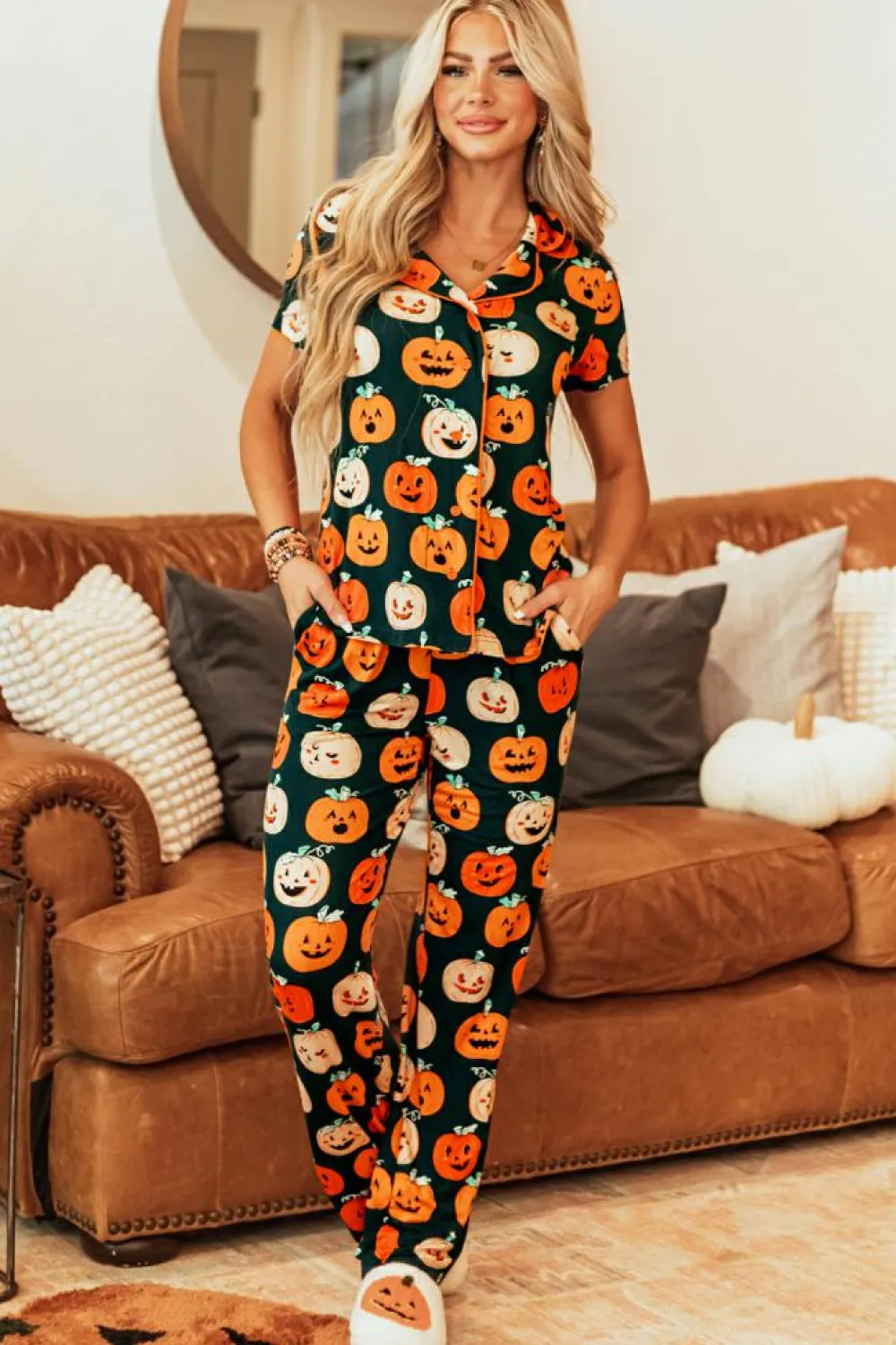 Sale Dear-Lover Halloween Pattern Short Sleeve Shirt Pajama Set Orange