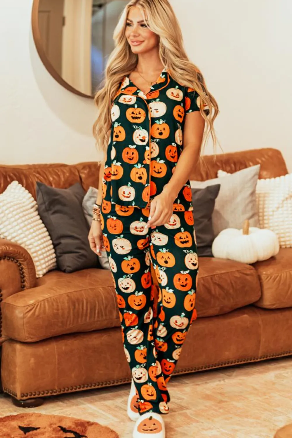 Sale Dear-Lover Halloween Pattern Short Sleeve Shirt Pajama Set Orange