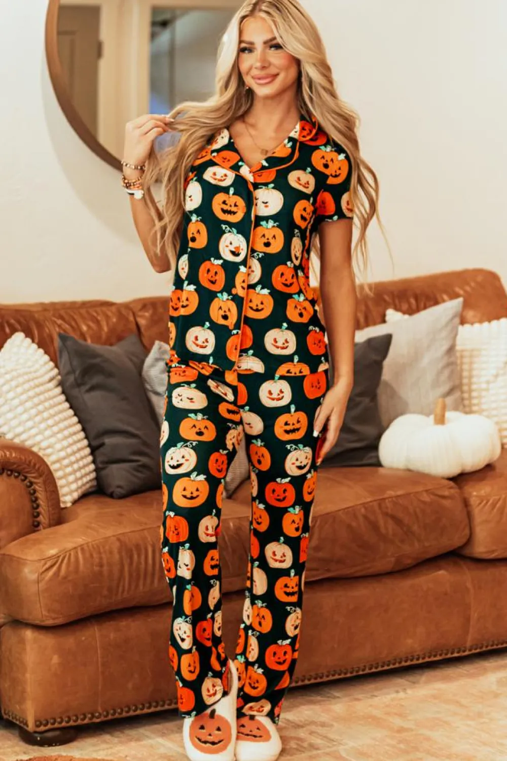 Sale Dear-Lover Halloween Pattern Short Sleeve Shirt Pajama Set Orange
