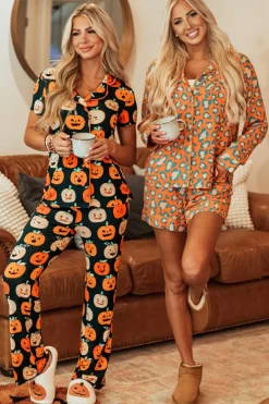 Sale Dear-Lover Halloween Pattern Short Sleeve Shirt Pajama Set Orange