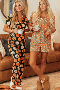 Sale Dear-Lover Halloween Pattern Short Sleeve Shirt Pajama Set Orange