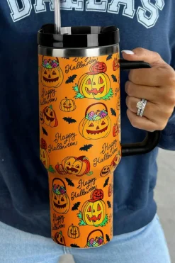 Best Dear-Lover Halloween Pumpkin Print Handle Large Tumbler 40oz Orange