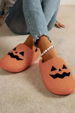 Outlet Dear-Lover Halloween Pumpkin Face Graphic Plush Slippers Orange