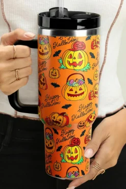 Best Dear-Lover Halloween Pumpkin Print Handle Large Tumbler 40oz Orange