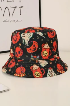Hot Dear-Lover Halloween Pumpkin Ghost Print Bucket Hat Orange