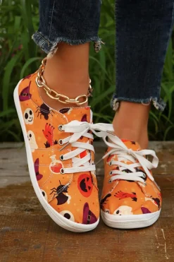 Clearance Dear-Lover Halloween Pumpkin Ghost Print Lace-up Flat Shoes Orange