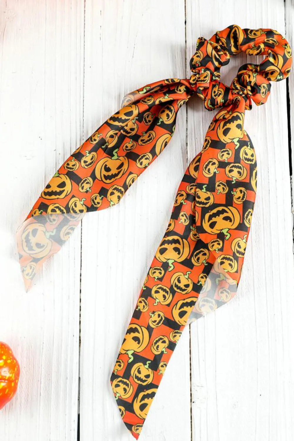 Clearance Dear-Lover Halloween Pumpkin Face Printed Satin Scrunch Hair Tie Orange