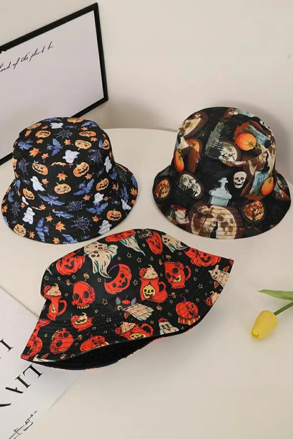Hot Dear-Lover Halloween Pumpkin Ghost Print Bucket Hat Orange