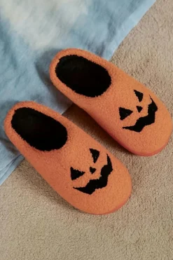 Outlet Dear-Lover Halloween Pumpkin Face Graphic Plush Slippers Orange