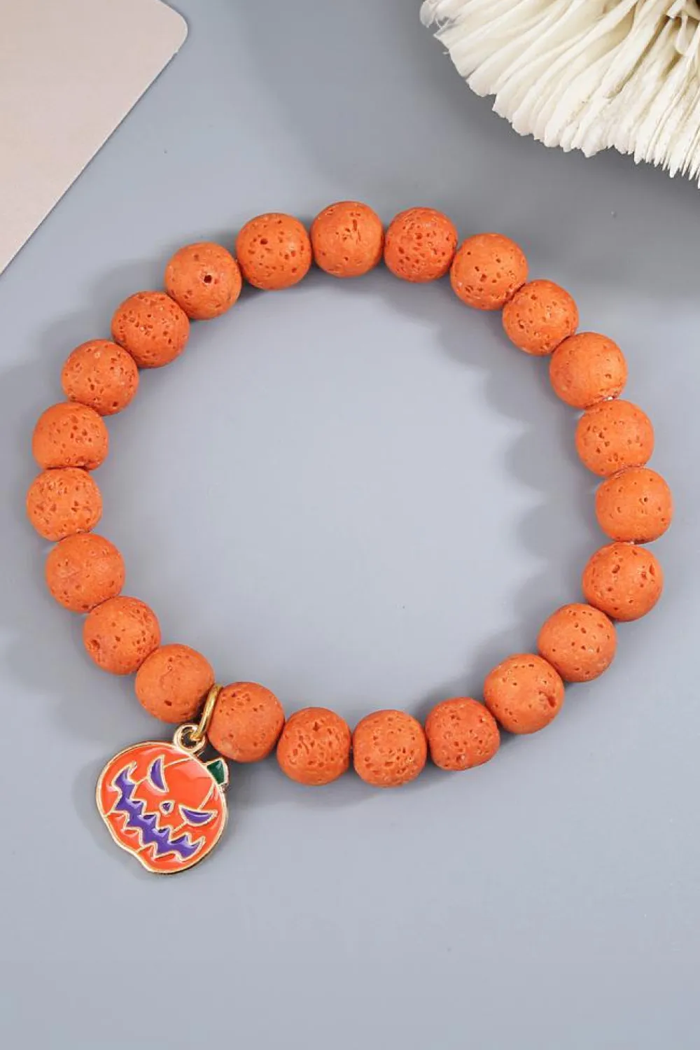 Online Dear-Lover Halloween Pumpkin Face Pendant Beaded Elastic Bracelet Orange