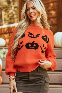Fashion Dear-Lover Halloween Pumpkin Face Pattern Drop Shoulder Sweater Orange