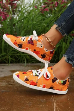 Clearance Dear-Lover Halloween Pumpkin Ghost Print Lace-up Flat Shoes Orange