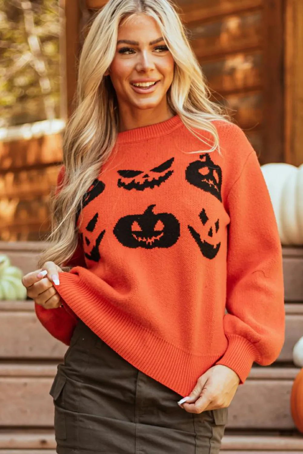 Fashion Dear-Lover Halloween Pumpkin Face Pattern Drop Shoulder Sweater Orange