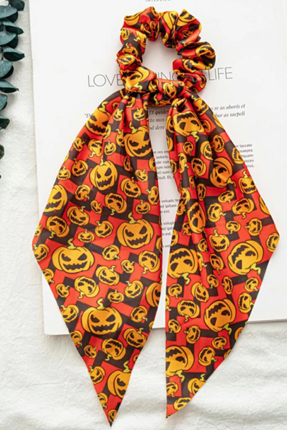 Clearance Dear-Lover Halloween Pumpkin Face Printed Satin Scrunch Hair Tie Orange