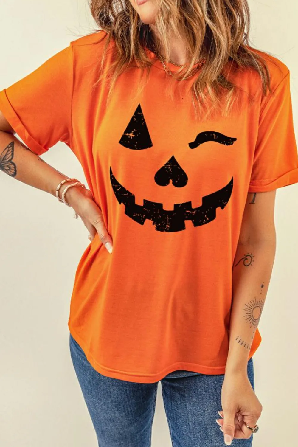 Clearance Dear-Lover Halloween Pumpkin Face Print Crew Neck T Shirt Orange