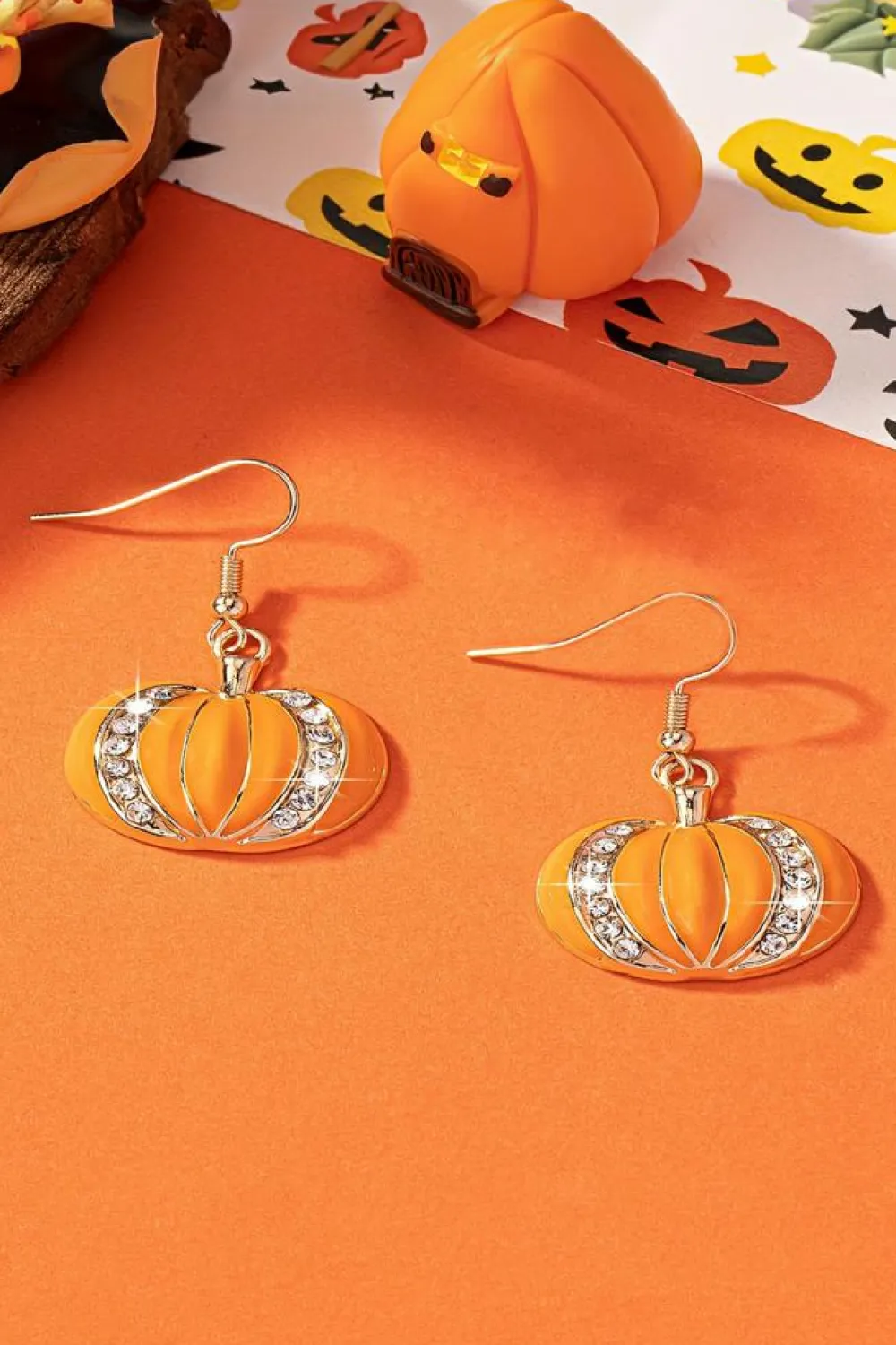 Hot Dear-Lover Halloween Rhinestone Pumpkin Hook Earrings Orange