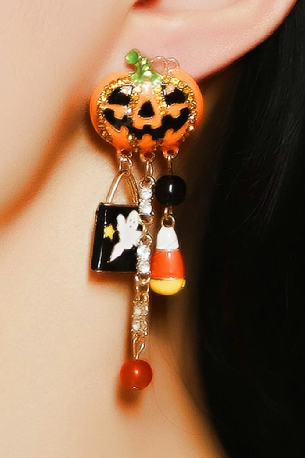 Sale Dear-Lover Halloween Rhinestone Pumpkin Ghost Tassel Earrings Orange