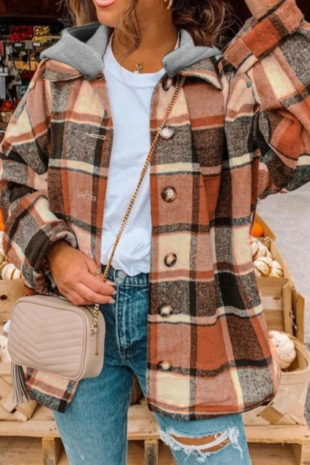 Clearance Dear-Lover Hooded Plaid Button Front Shacket Orange