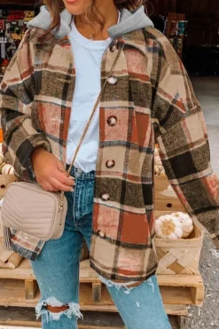Clearance Dear-Lover Hooded Plaid Button Front Shacket Orange