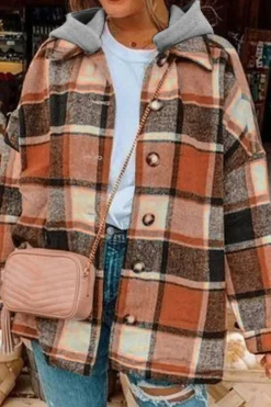 Clearance Dear-Lover Hooded Plaid Button Front Shacket Orange