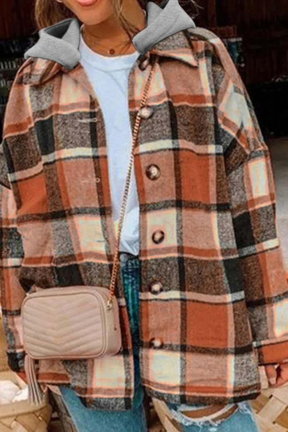 Clearance Dear-Lover Hooded Plaid Button Front Shacket Orange