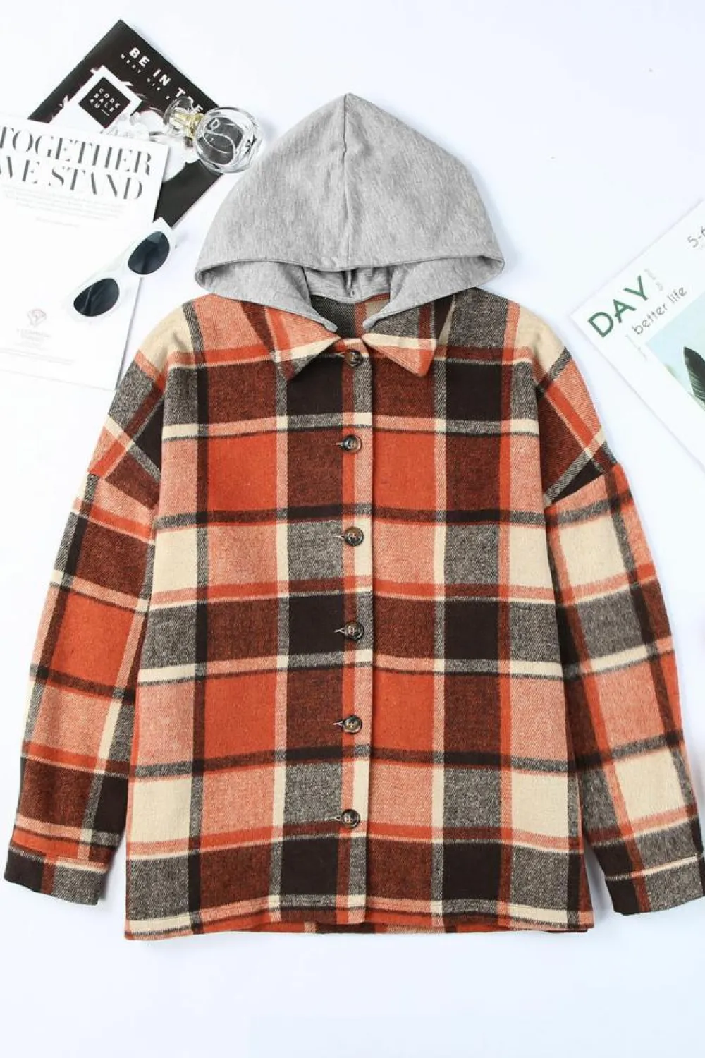 Clearance Dear-Lover Hooded Plaid Button Front Shacket Orange