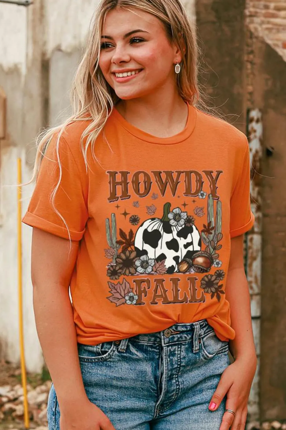 Hot Dear-Lover HOWDY FALL Western Pumpkin Graphic T Shirt Orange
