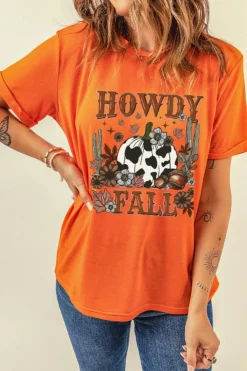 Hot Dear-Lover HOWDY FALL Western Pumpkin Graphic T Shirt Orange