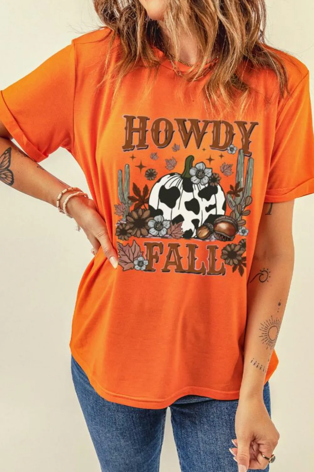 Hot Dear-Lover HOWDY FALL Western Pumpkin Graphic T Shirt Orange