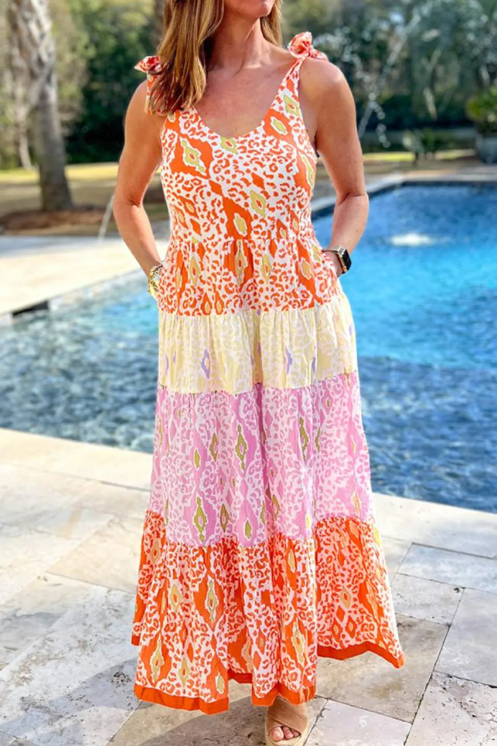 Hot Dear-Lover Knotted Straps Leopard Colorblock Dress Orange