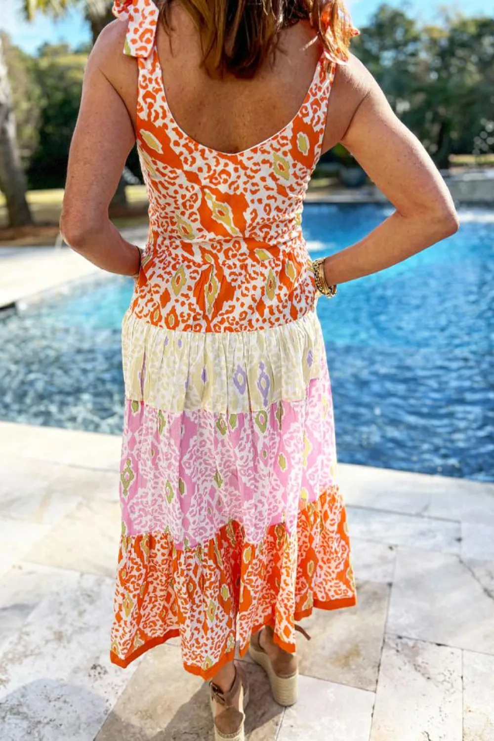 Hot Dear-Lover Knotted Straps Leopard Colorblock Dress Orange
