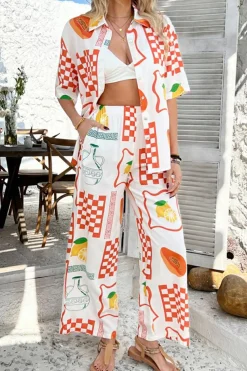 Hot Dear-Lover Lemon Pawpaw Print Half Sleeve Shirt and Pants Set Orange