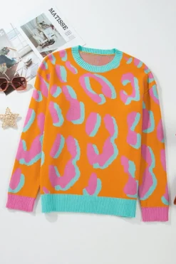 Hot Dear-Lover Leopard Colorblock Ribbed Edge Sweater Orange