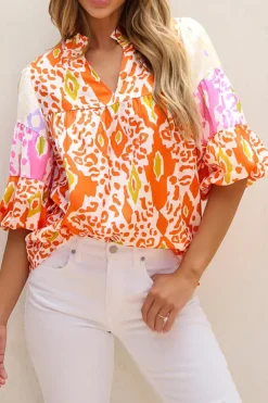 Online Dear-Lover Leopard Colorblock Puff Sleeve Split Neck Blouse Orange