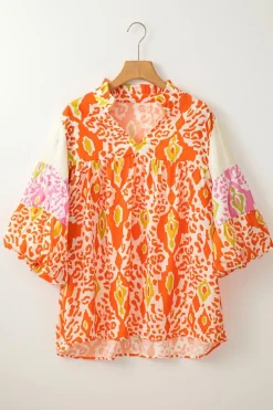 Online Dear-Lover Leopard Colorblock Puff Sleeve Split Neck Blouse Orange