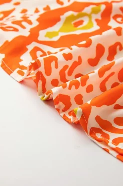 Online Dear-Lover Leopard Colorblock Puff Sleeve Split Neck Blouse Orange