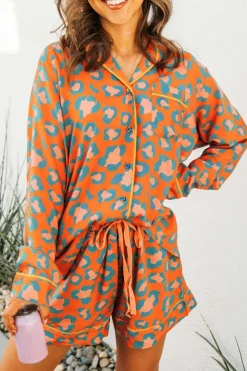 Discount Dear-Lover Leopard Print Long Sleeve Shirt and Shorts Pajama Set Orange