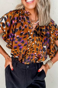 Fashion Dear-Lover Leopard Printed Draped Short Sleeve Slit V Neck Blouse Orange