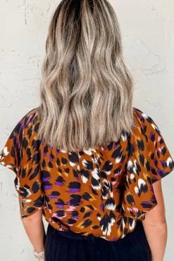 Fashion Dear-Lover Leopard Printed Draped Short Sleeve Slit V Neck Blouse Orange